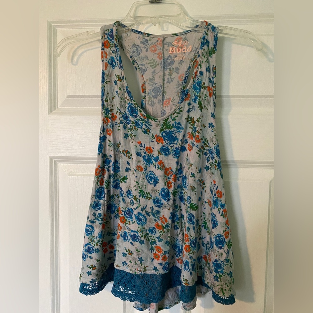 Mudd Women's Tank Top Blue Multicolored Flowers Racerback Scoop V-Neck - Small